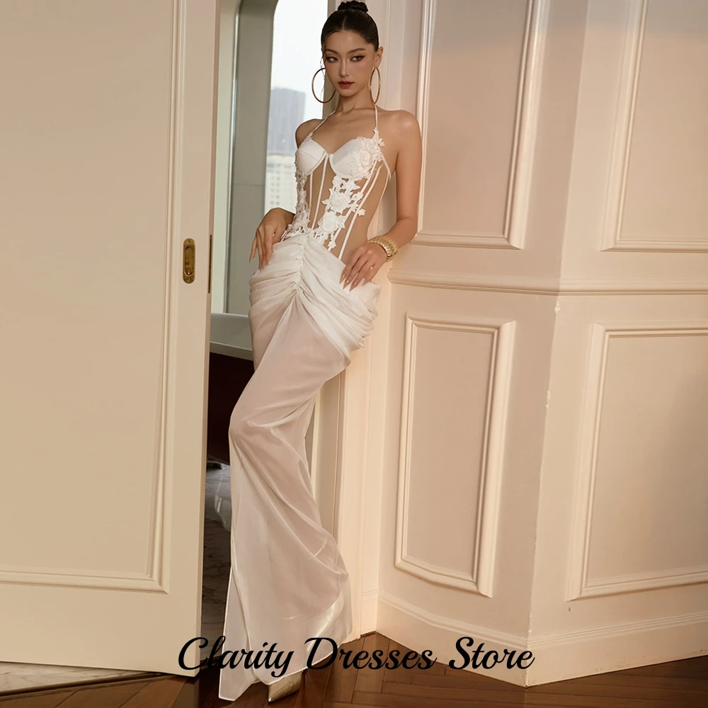 Sexy Customized Halter Mermaid Evening Dresses See Through Organza Pleats  Party Dress Delicate Appliques Sleeveless Prom Gowns image 4