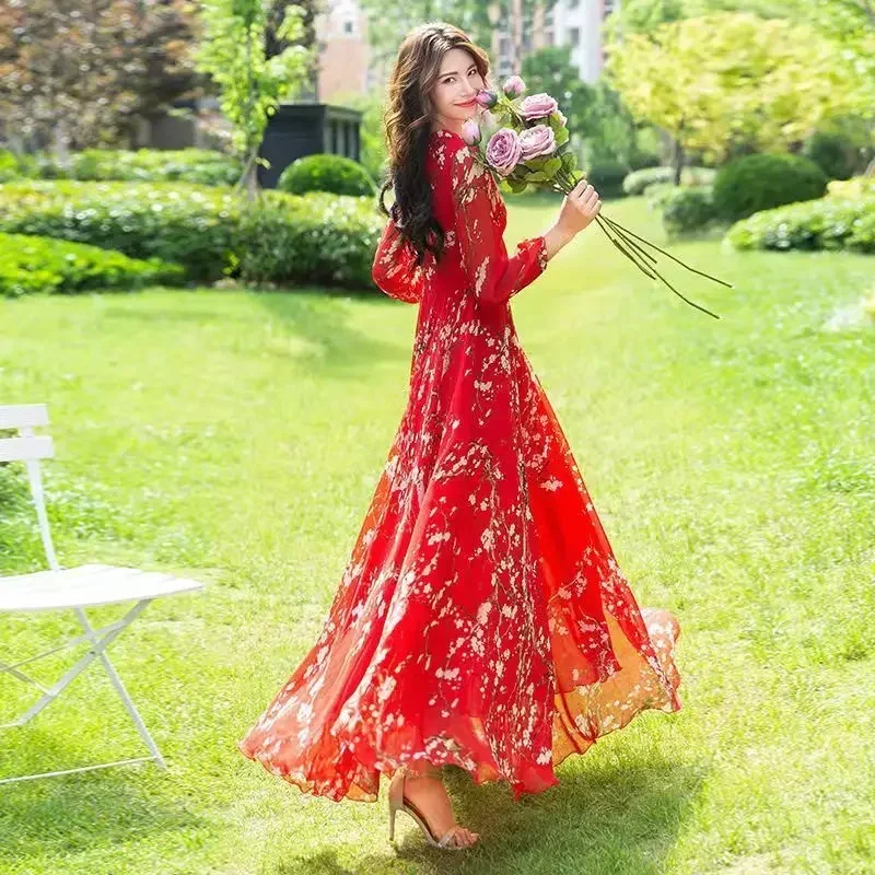 Dresses for Women 2024 Robe Tunics Floral Dress Ropa Mujer Boho Elegant Spring Clothes Chic Maxi Party Chiffon Vestidos E202