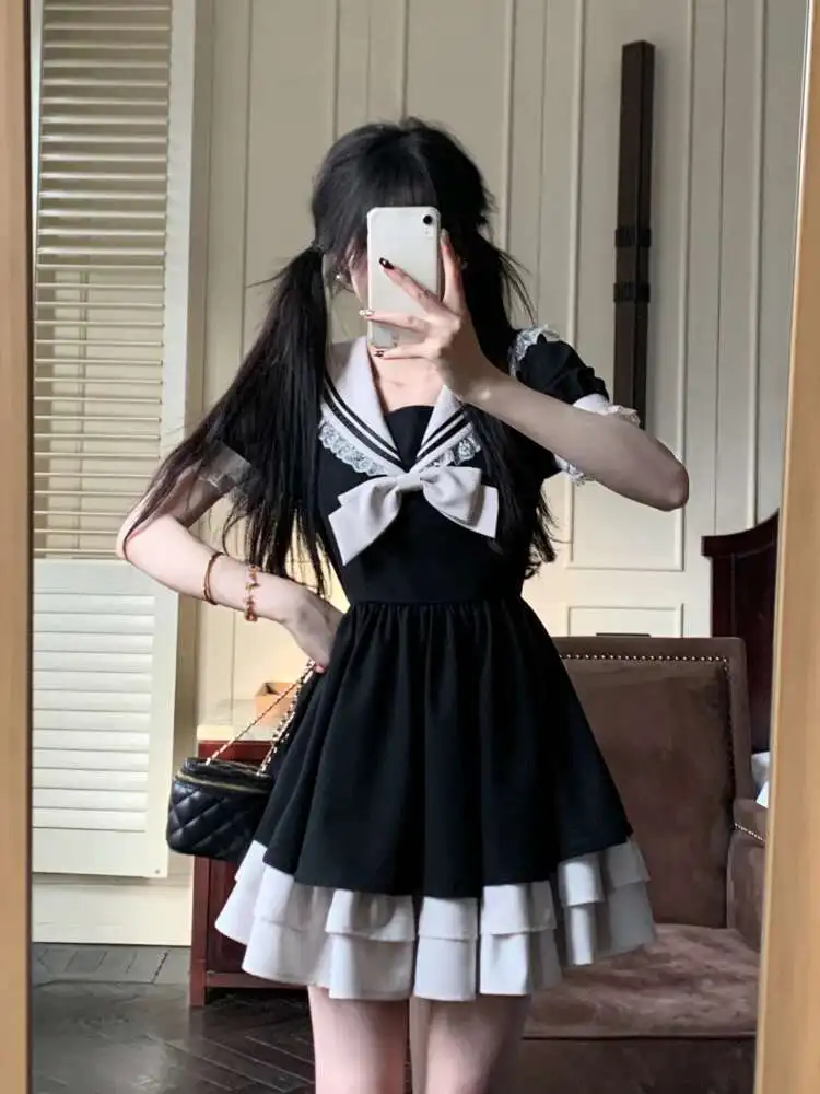 Harajuku Sweet Bow Black Plaid Dresses All-match Slim Fit Kawaii Lolita Dress For Women Autumn New Long Sleeve Vestidos