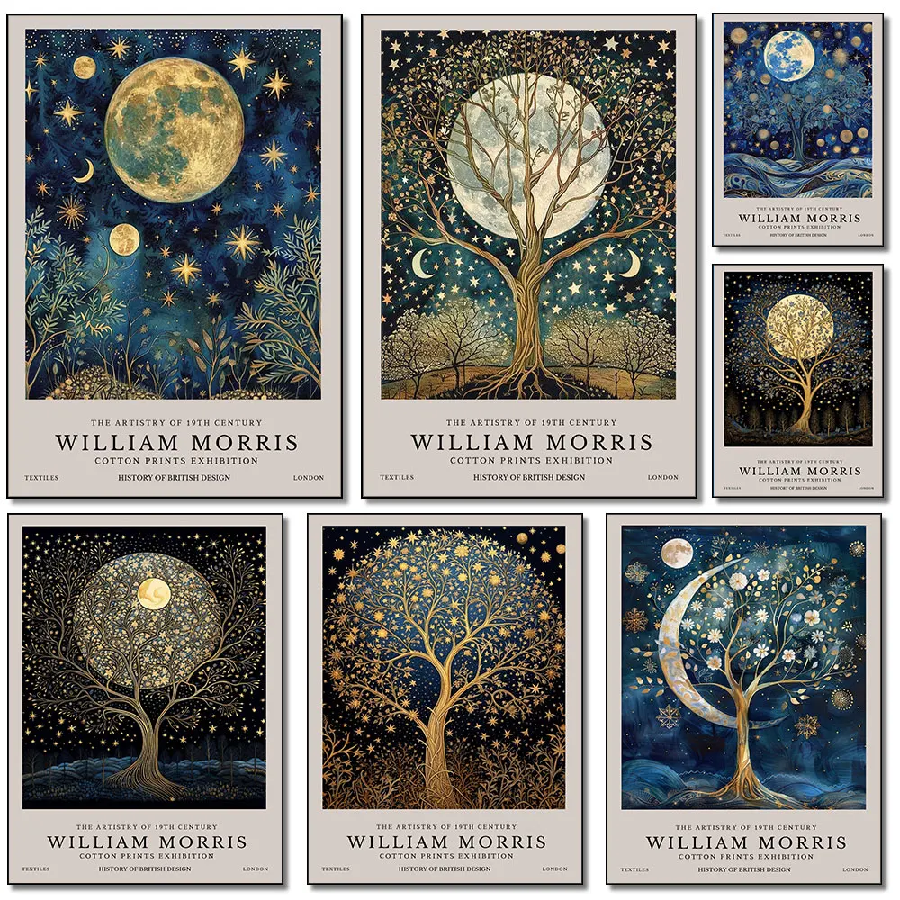 Retro-Poster mit Mond und Sternen von William Morris, Leinwanddruck, Gemälde, Wandkunst, Schlafzimmer, Arbeitszimmer, Wohnzimmer, Heimdekoration