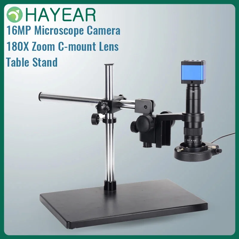 

HAYEAR 16MP HD 60FPS HDMI usb digital Microscope Camera Set+Big Boom Stand Universal Bracket +180X C-mount lens+ 144 LED Light