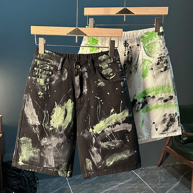 Fashion paint printing design denim shorts men's summer handsome street style trendy unique graffiti loose shorts