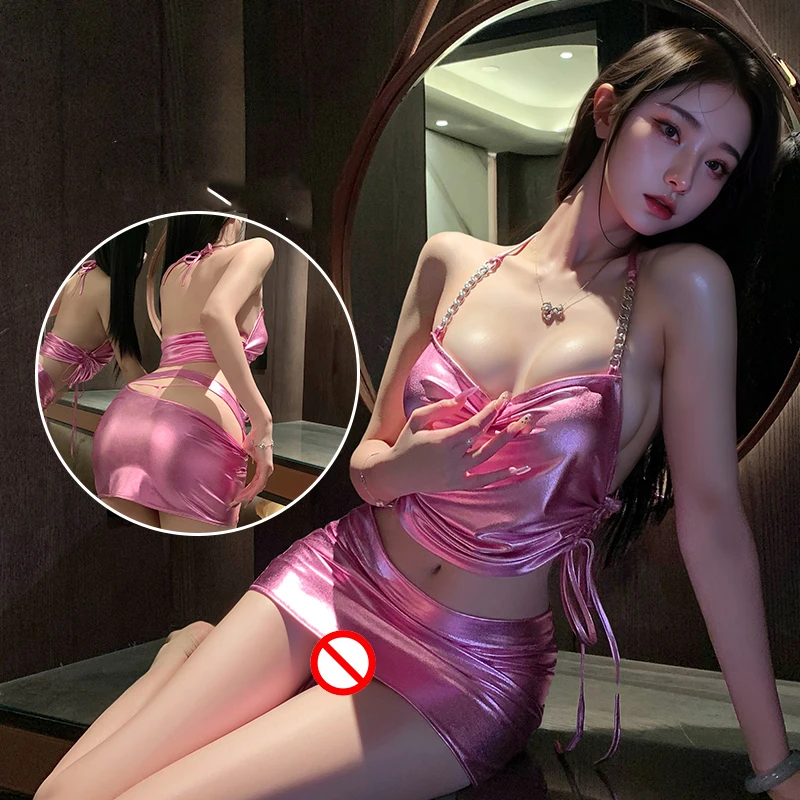 

Sexy Lingerie Nightclub Uniform Temptation Passionate Patent Leather Chain Halter Top Bag Buttocks Skirt Women Cosplay Costume