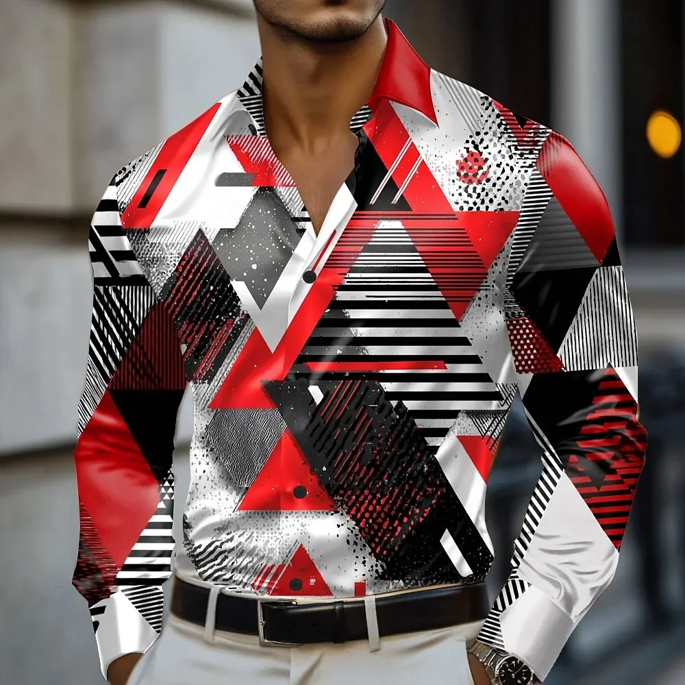Men's Fashion Geometric Color Block 3D Printed Long-sleeved Lapel Shirt Business Casual Vacation Outdoor Top Shirt