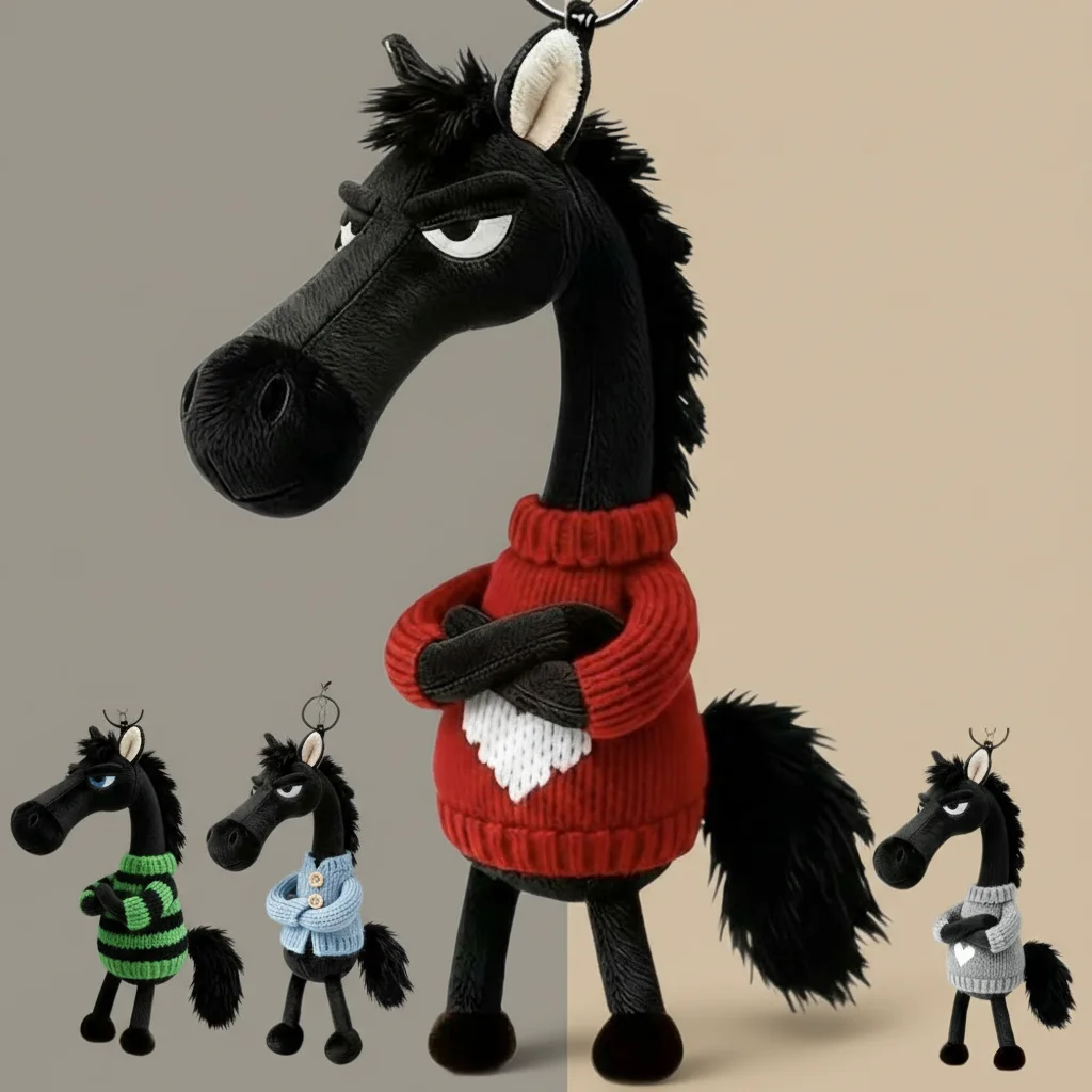 

Cool Black Horse Backpack Pendant Kawaii Plush Keychain Accessory Creative Horse Ornament Decor for Car Mirror, School Bag, Keys