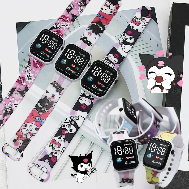 

Новые детские часы Sanrio с мультяшной фигуркой Kuromi Kitty Melody, светодиодные сенсорные квадратные электронные часы для мальчиков и девочек, подарки на день рождения