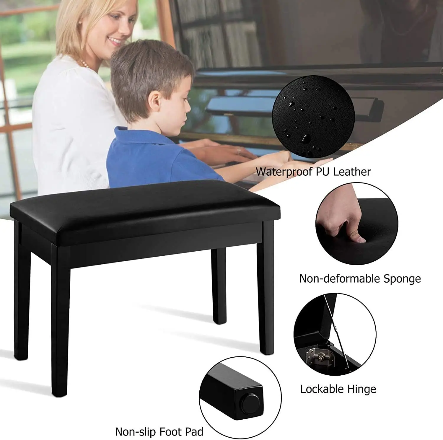 Comfort corner Duet Piano Bench, Black, PU Leather, Solid Wood Construction, Hidden Music Storage, 360 lbs Load Capacity