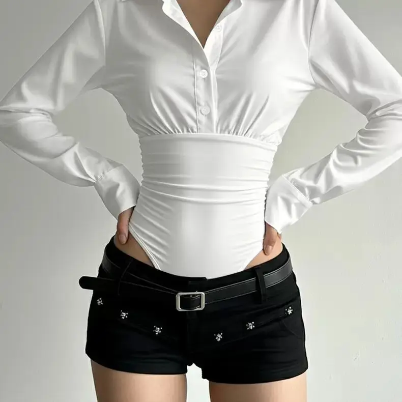 

Onalippa 2026 Spicy Girl Simple Fashionable Shirt Patchwork Design Autumn Winter Base Jumpsuit Sexy Versatile Slim Fit Top