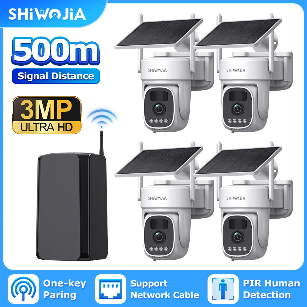 

Комплект уличной Wi-Fi камеры SHIWOJIA 3MP на солнечной энергии, система видеонаблюдения с обнаружением человека, цветное ночное видение, двусторонняя связь, UBox Pro