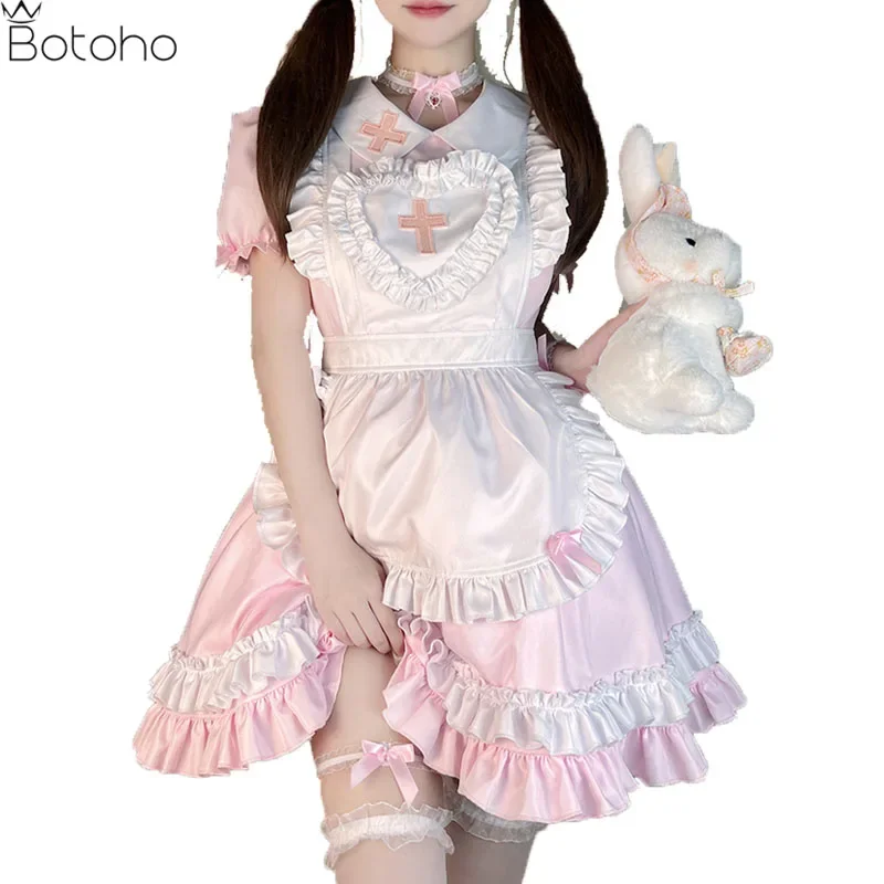 Disfraz de sirvienta japonesa de Anime, uniforme de enfermera Lolita para niña, fiesta de Halloween, vestido de princesa encantador, vestido de sirvienta Sexy de talla grande para mujer