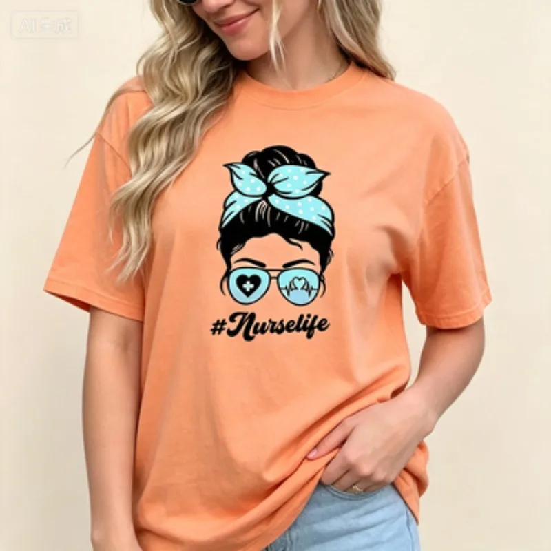 Medical Worker Women Cotton T Shirt #Nurselife Messy Bun Bandana Nurse Sunglasses Graphic Nursing Lover Loose Casual Tops