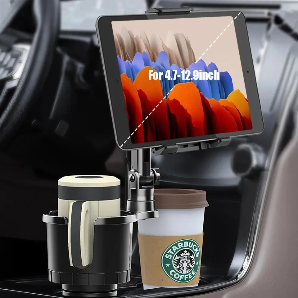 Universal 2 in 1 Car Cup Holder Tablet Automobile Mount Cradle for iPad Pro 12.9 Air 2019 Mini 4 for Samsung tab S7 plus 12.4