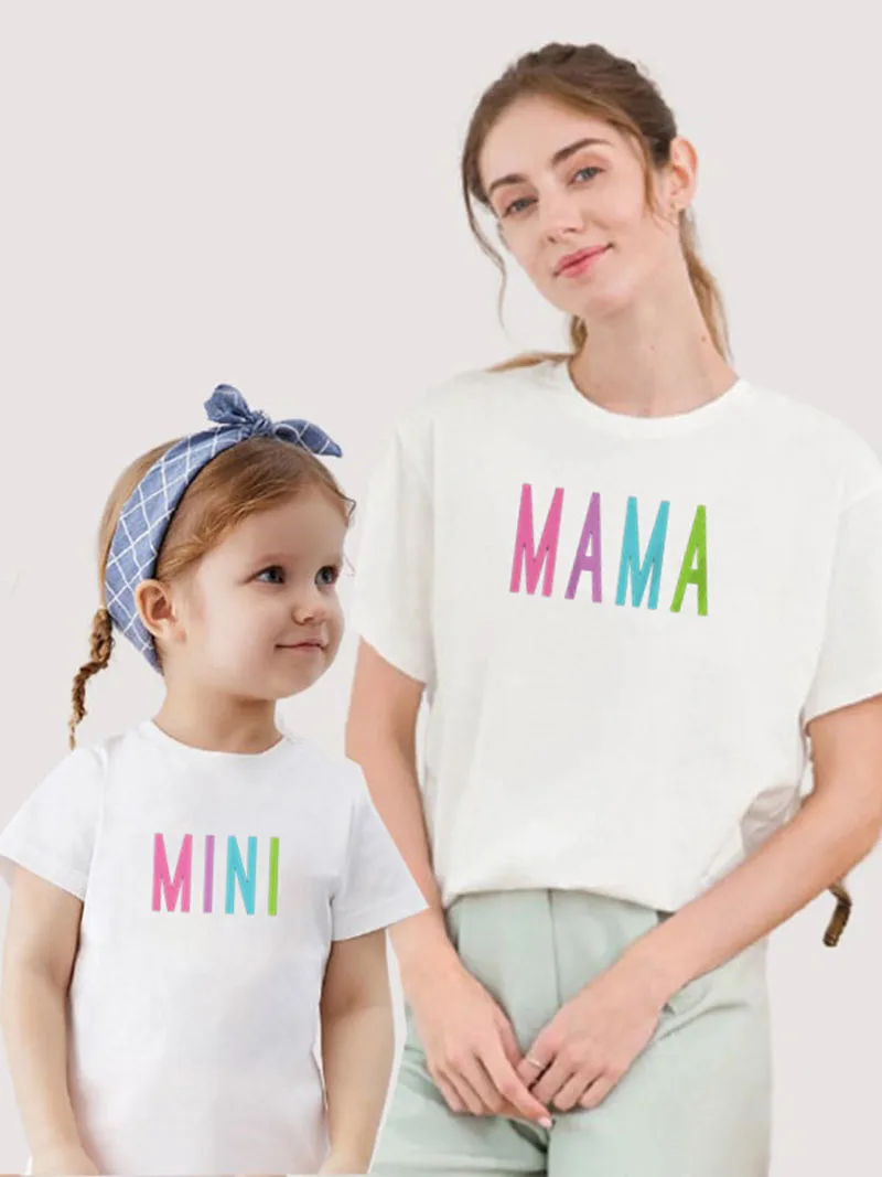 Colorful Mom and Me Mini T-shirt Mother Daughter Family Matching Outfits Tops Tee Girl Mommy Baby Clothes,Drop Ship