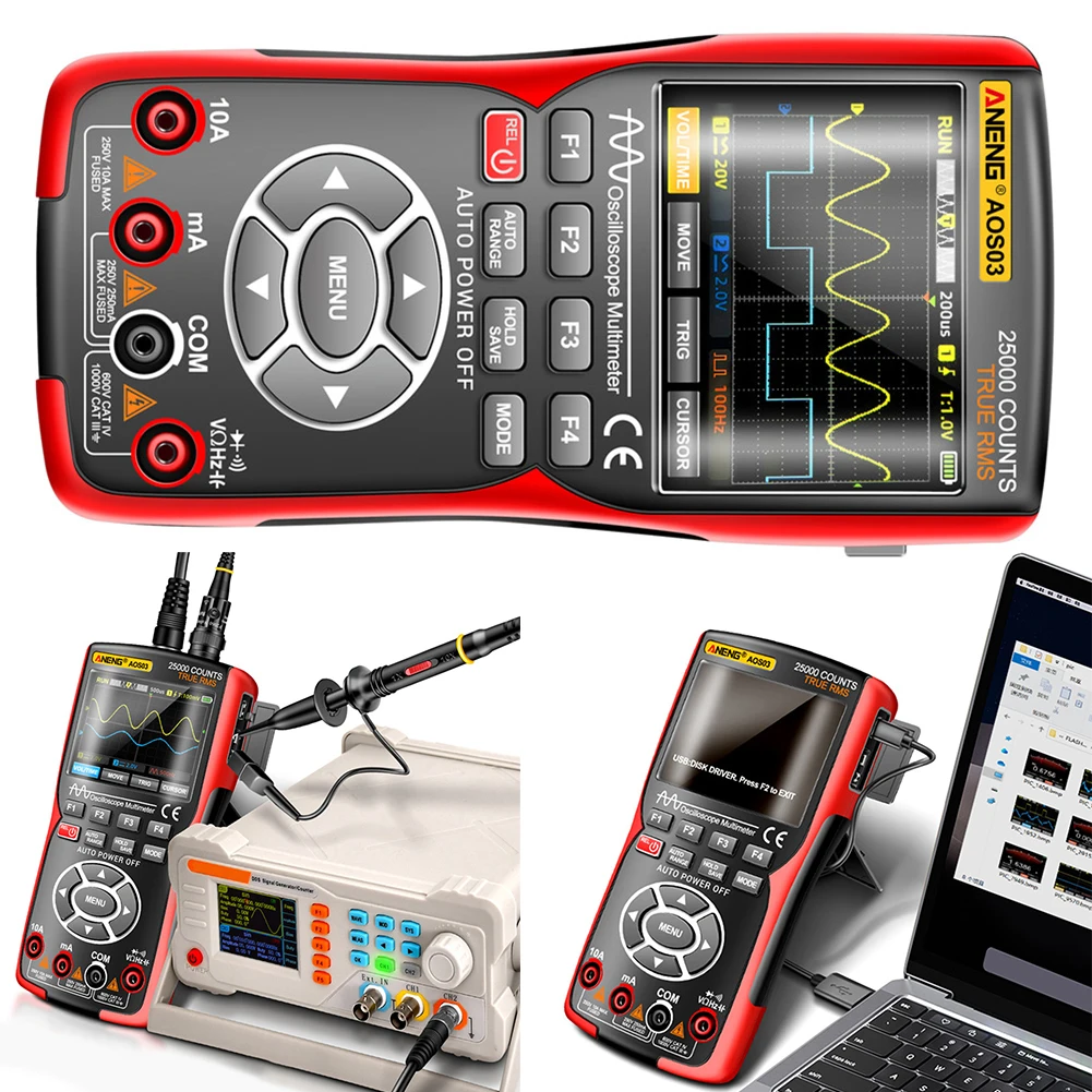 Digital Oscilloscope Multimeter Signal Generator 3.5inch Screen Display 2 Channel 50MHZ Handheld Battery Multimeter 25000 Counts