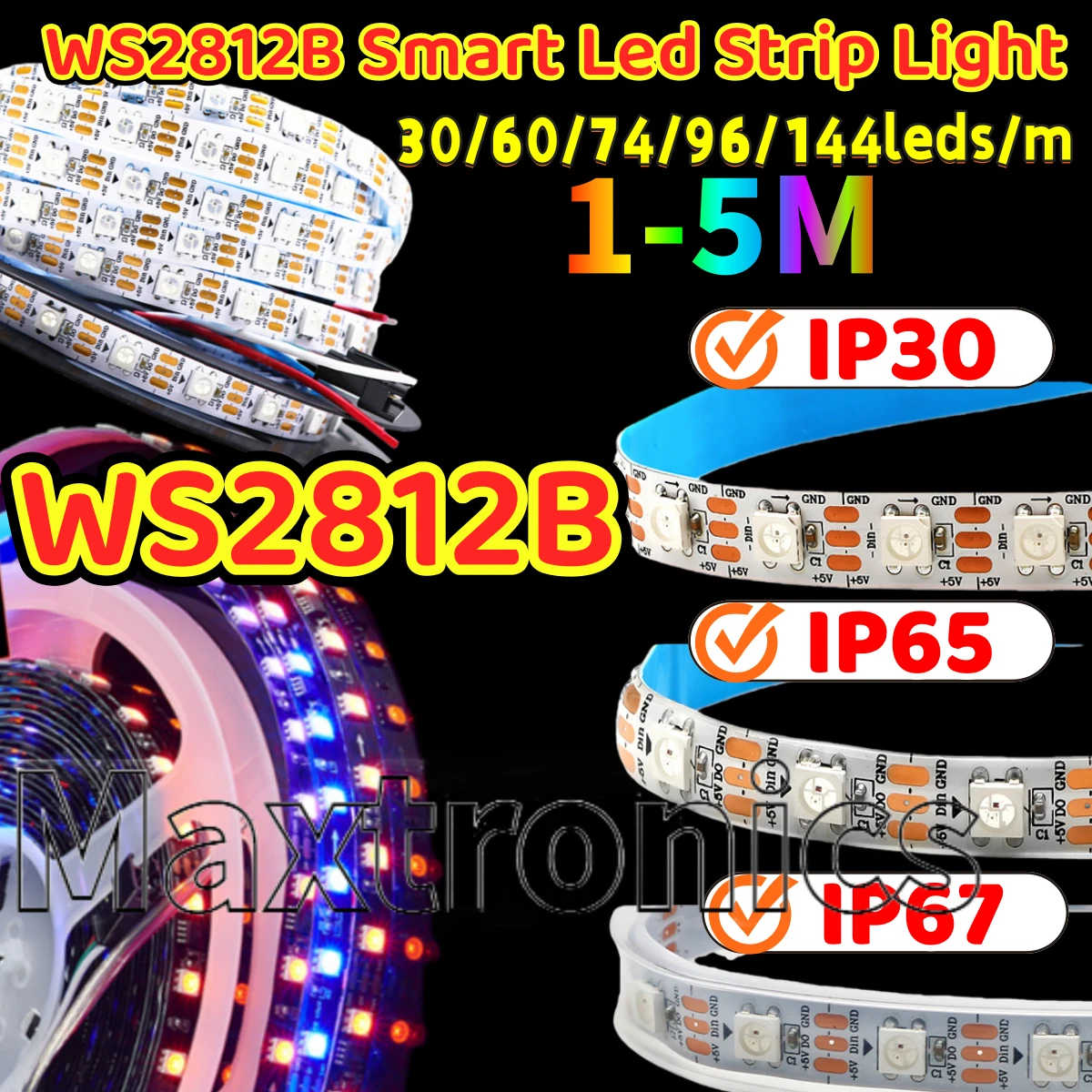 WS2812B شريط إضاءة Led ذكي 30/60/74/96/144leds/m أسود/أبيض PCB IP30/IP65/IP67 5050RGB قابل للعنونة بشكل فردي 1 متر/5 متر DC5V