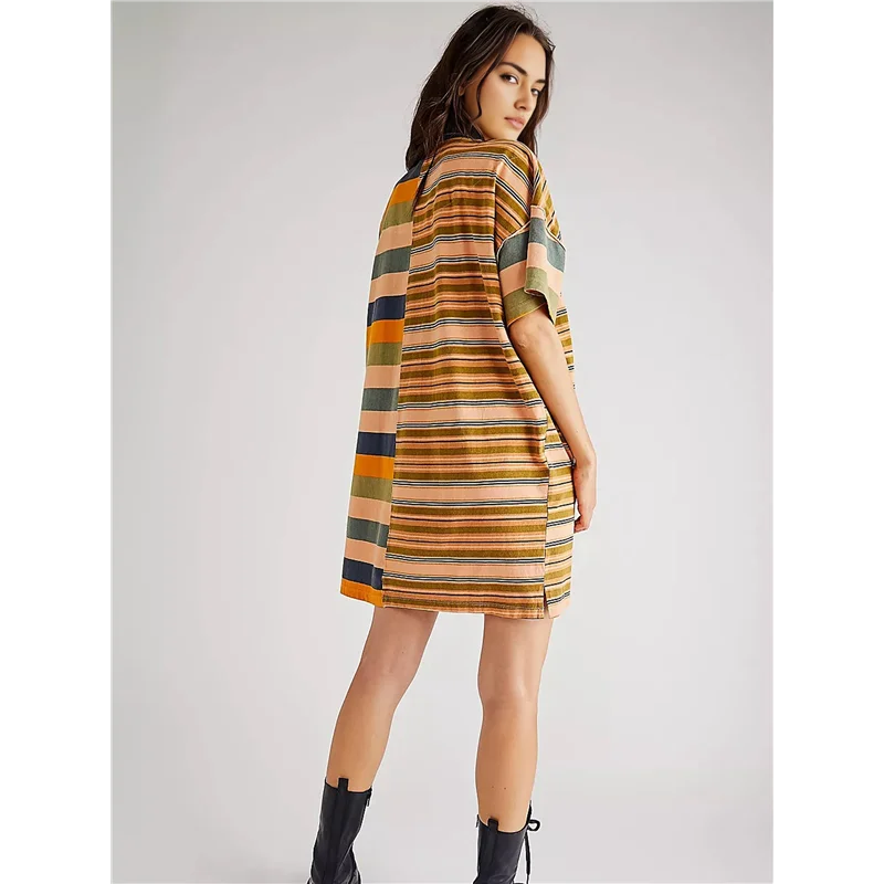 ABP-Damen Kontrast Gestreiftes Babydoll Y2k Sommer Patchwork T-Shirt Kleid Vintage V-Ausschnitt Kurzarm Kleid