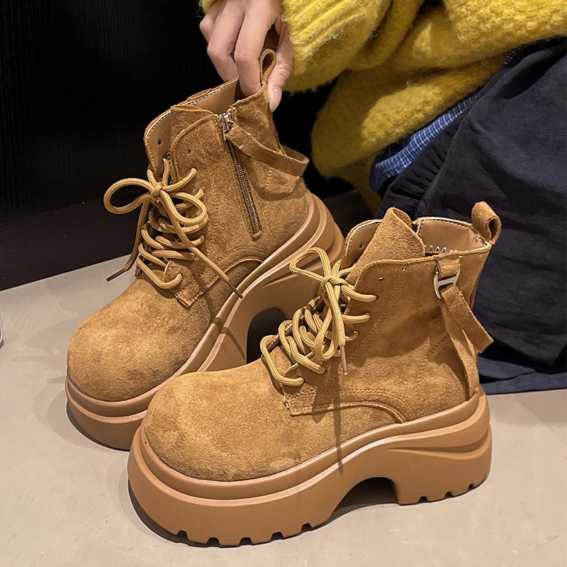 

Platform High Heels Women Ankle Boots Lace Up Casual Shoes 2025 Winter Trend Sport Shoes Chunky Suede Chelsea Boots Mujer Botas