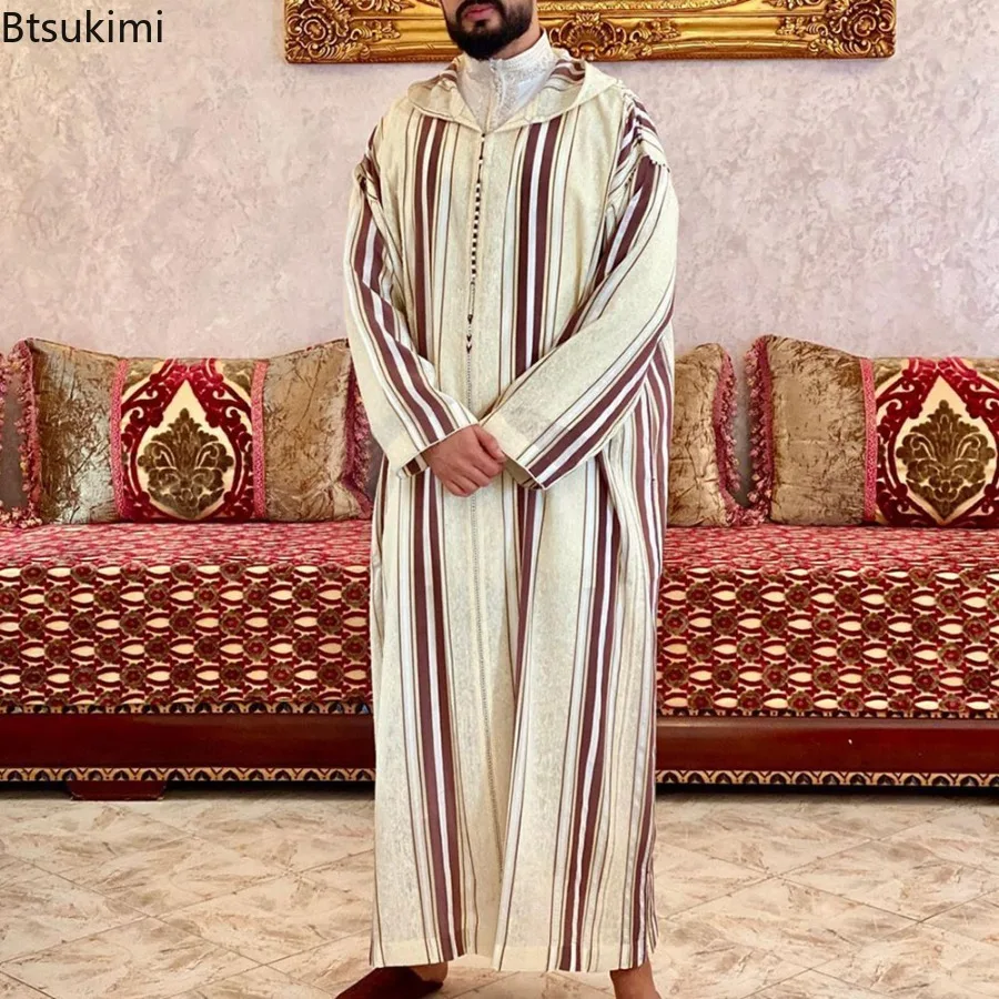 Nieuwe Mannen Moslim Jubba Thobe Patchwork Gestreepte V-hals Lange Mouwen Caftan Dubai Gewaad Vintage Islamitische Arabische Mannen Kaftan Mannen 'S Gift