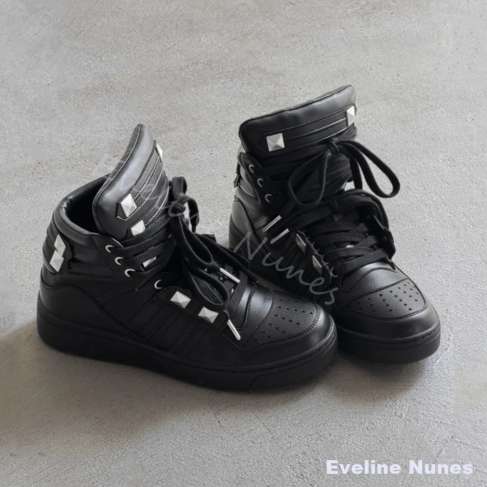 Men Punk Rivet High Top Sneakers Square Silver Studded Lace‑Up Black Casual Shoes New Streetwear Hip‑Hop Fashion Board Shoes