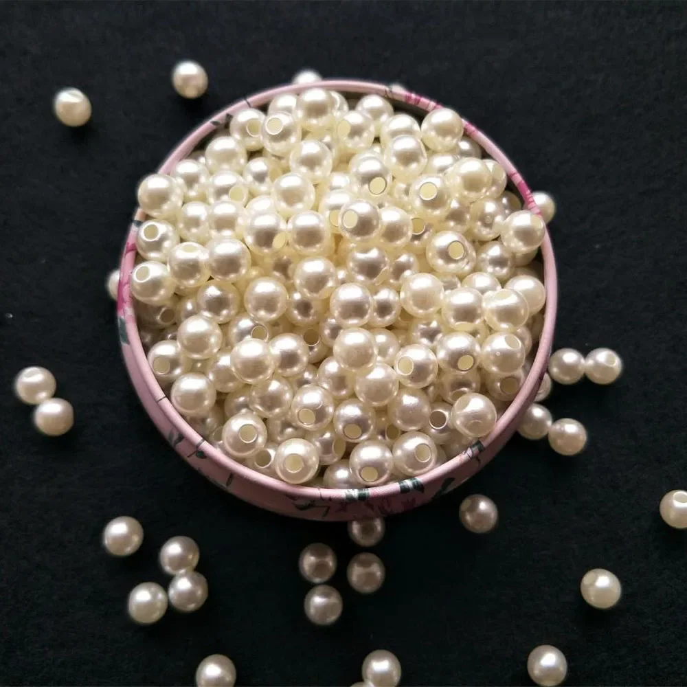 imitation pearl single large hole half hole 8-12mm round bead loose bead beige white plastic decoration beaded plastic beads