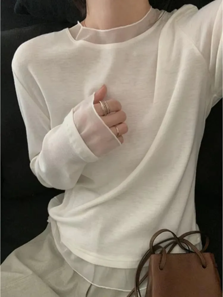 Fashion Elegant T Shirt Long Sleeve Gauze Patchwork Solid Color Stand Neck Tops Spring Female Slim Tees All Match Women Clothing