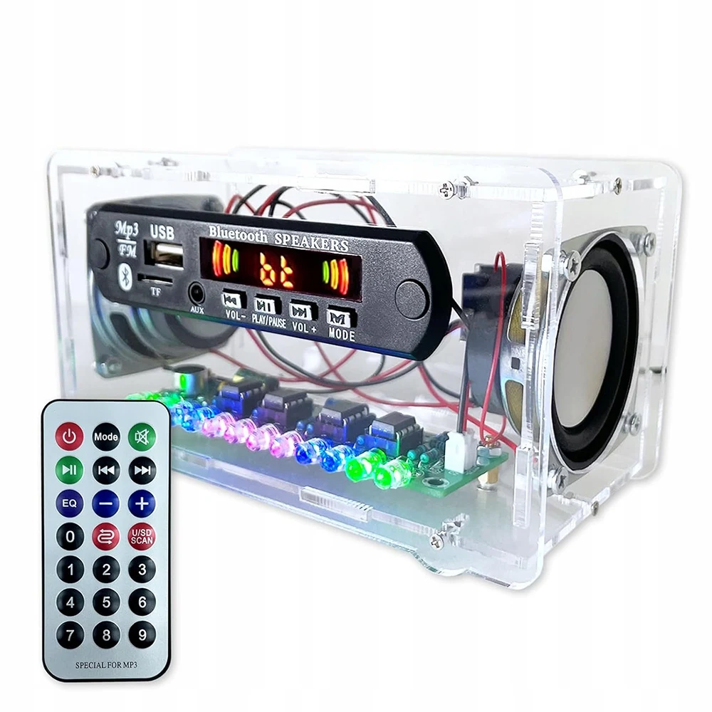 1 zestaw, 1 sztuka: zestaw do samodzielnego montażu radia FM, zawierający akrylową płytę PCB, elementy elektroniczne, diody LED, sterowanie dźwiękiem, wyświetlacz cyfrowy, czytnik kart TF, wejście AUX