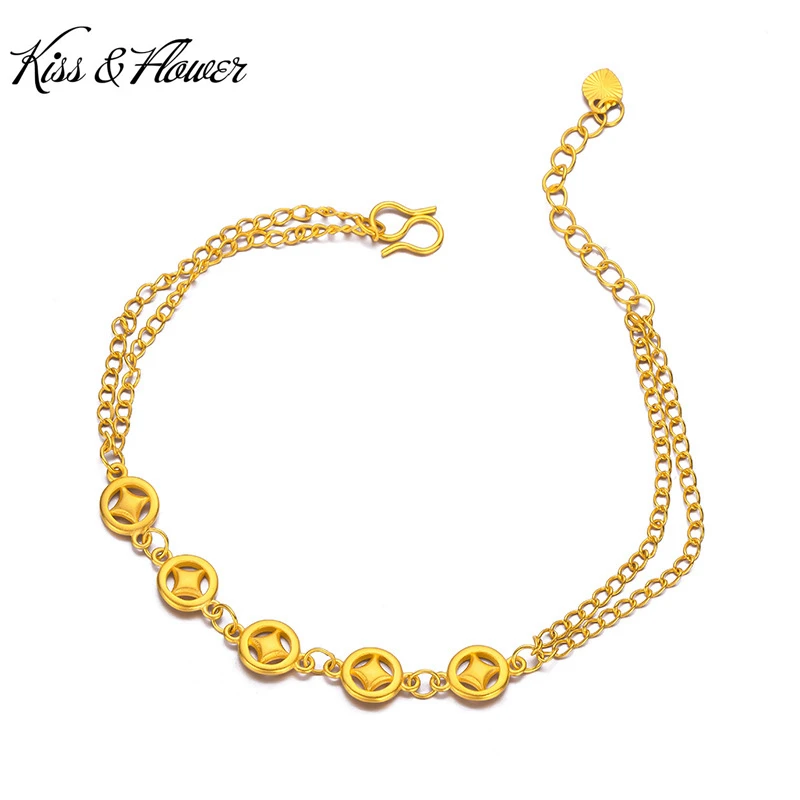 

QEENKISS 24KT Gold Coin Chain Bracelet For Women High Quality Fine Wholesale Jewelry Wedding Party Bride Ladies Girl Gift BT5298