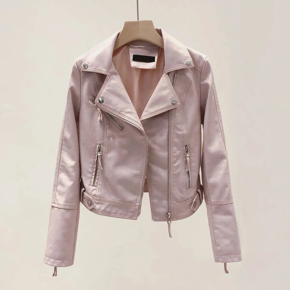 

Свободная женская розовая куртка из искусственной кожи, укороченная, в мотоциклетном стиле, модная, всесезонная верхняя одежда для города, ветрозащитная