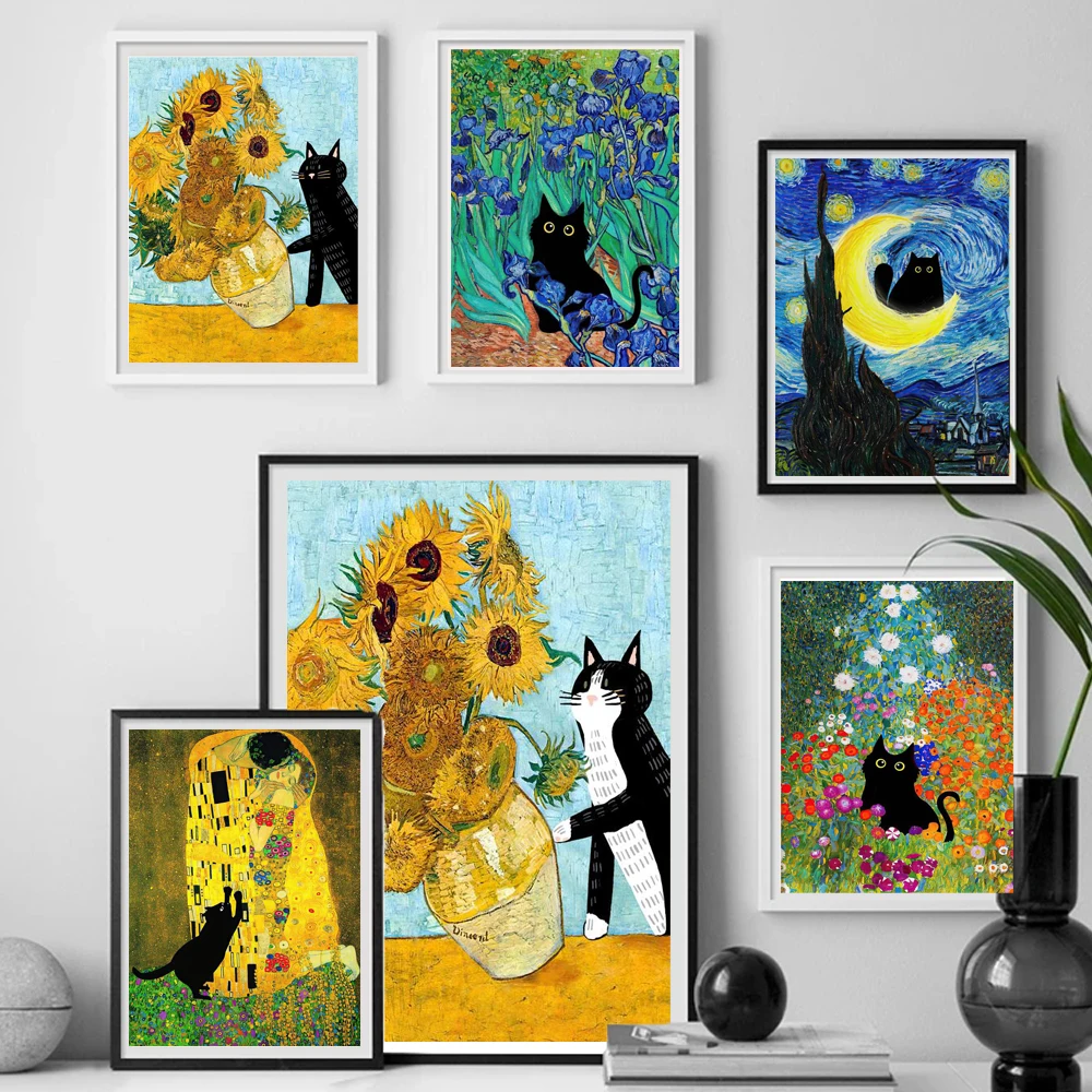 Abstract Black Cat Knocks Van Gogh Sunflower Funny Poster Graffiti Art Background Wall Canvas Painting Decorative Print Pictu
