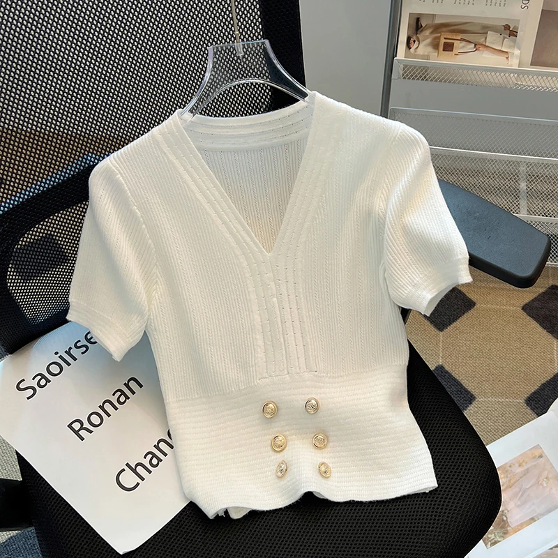 

Summer V-neck Ice Silk Sweater T-shirt Women's Short Sleeved Gold Button Decoration Knitwear Fashion Puff Sleeve Short Top