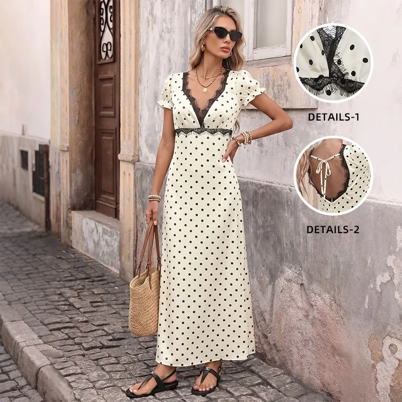 Women's Dress V Neck Polka Dot Lace Trim Maxi Dress Long Puff Sleeve Ruffle Sleeve Summer Vacation Dress Cream Base A Line
