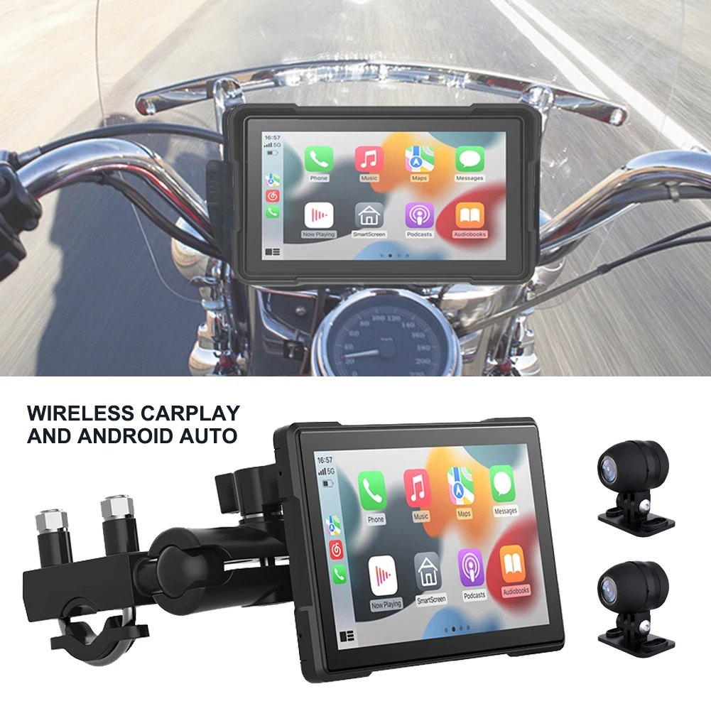 

Wireless Motorcycle CarPlay LCD Display Touchscreen Wireless Apple CarPlay Android Auto Moto CarPlay With Front Rear Dash Cam