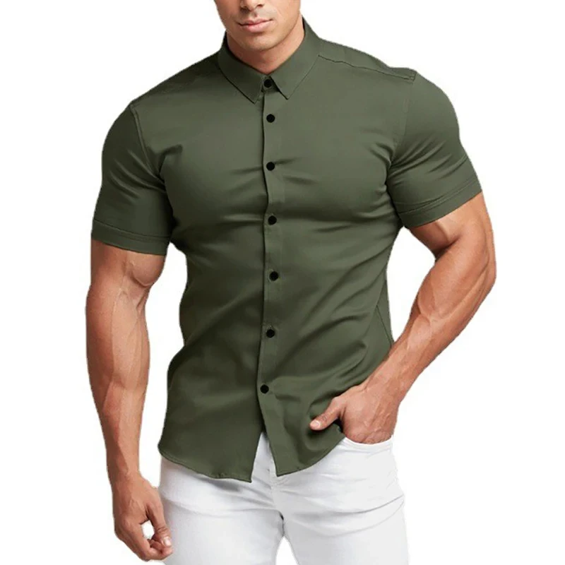 Summer Men\'s Casual Formal Single-breasted Shirt Fashion Loose Classic Slim Short Sleeve Solid Color Fashionable Shirt