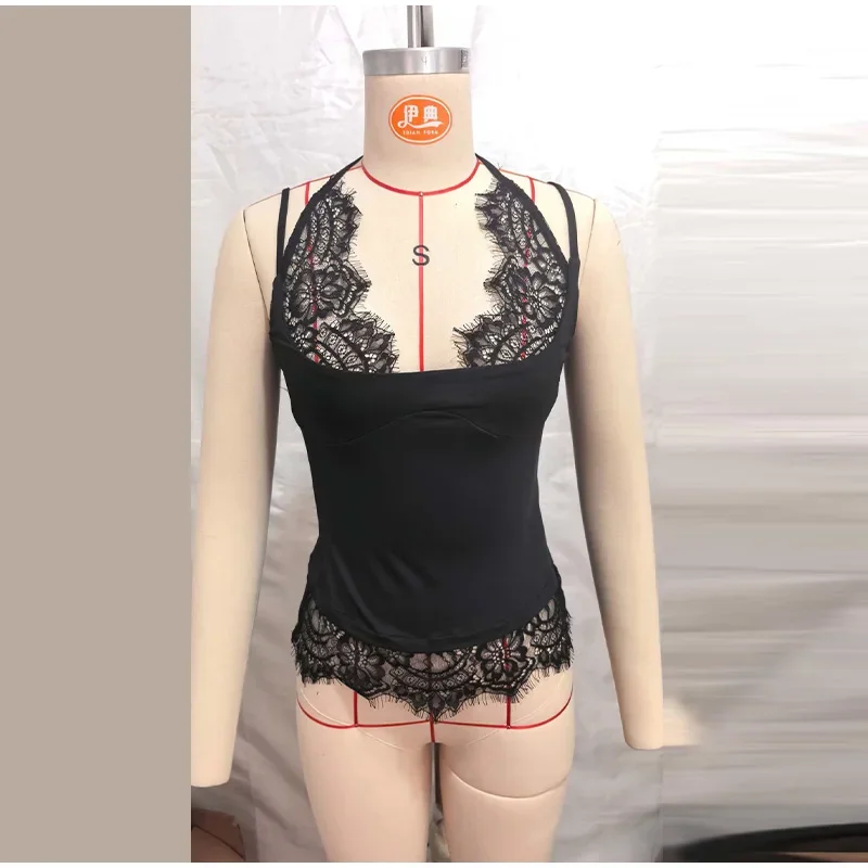 Spitzen-Patchwork-Top mit Neckholder und Taillenbetonung für Damen, sexy, ärmellos, rückenfrei, schmal geschnitten, charmante Clubwear für Damen. – Detail 3