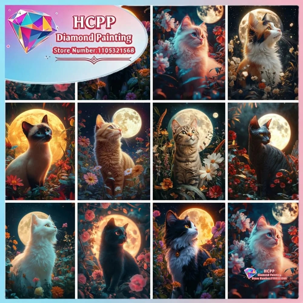 Neumond-Landschaft Niedliche Katze Diamant-Malerei-Set Quadratische Runde Diamanten 5D DIY Mosaik Handgemachte Kunst Einzigartiges Geschenk Handwerk Heimdekoration
