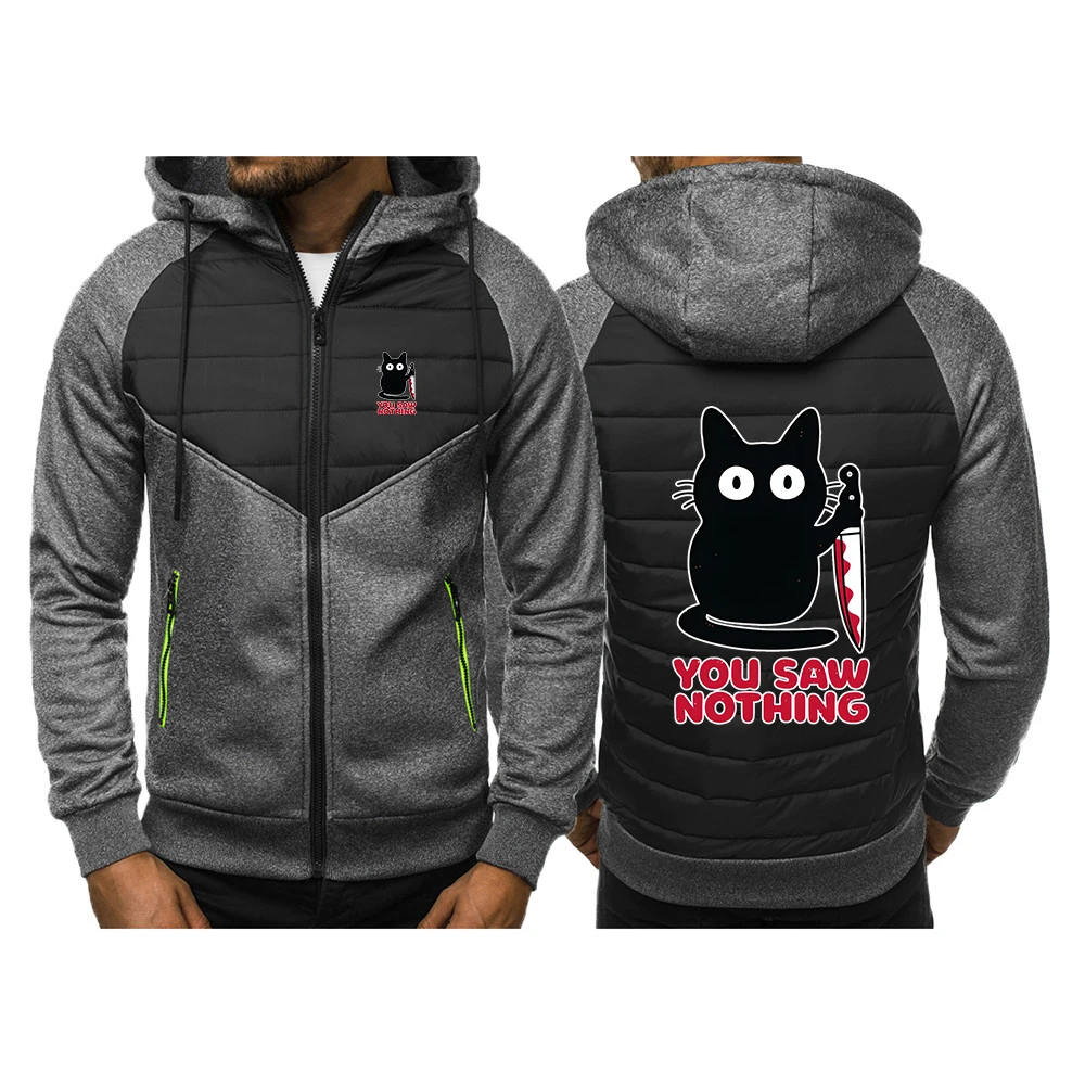 مضحك القط أنت تقول لا شيء طباعة 2025 الربيع والخريف الرجال جديد ثلاثة ألوان المرقعة هوديس سستة معطف دافئ جاكيتات #2