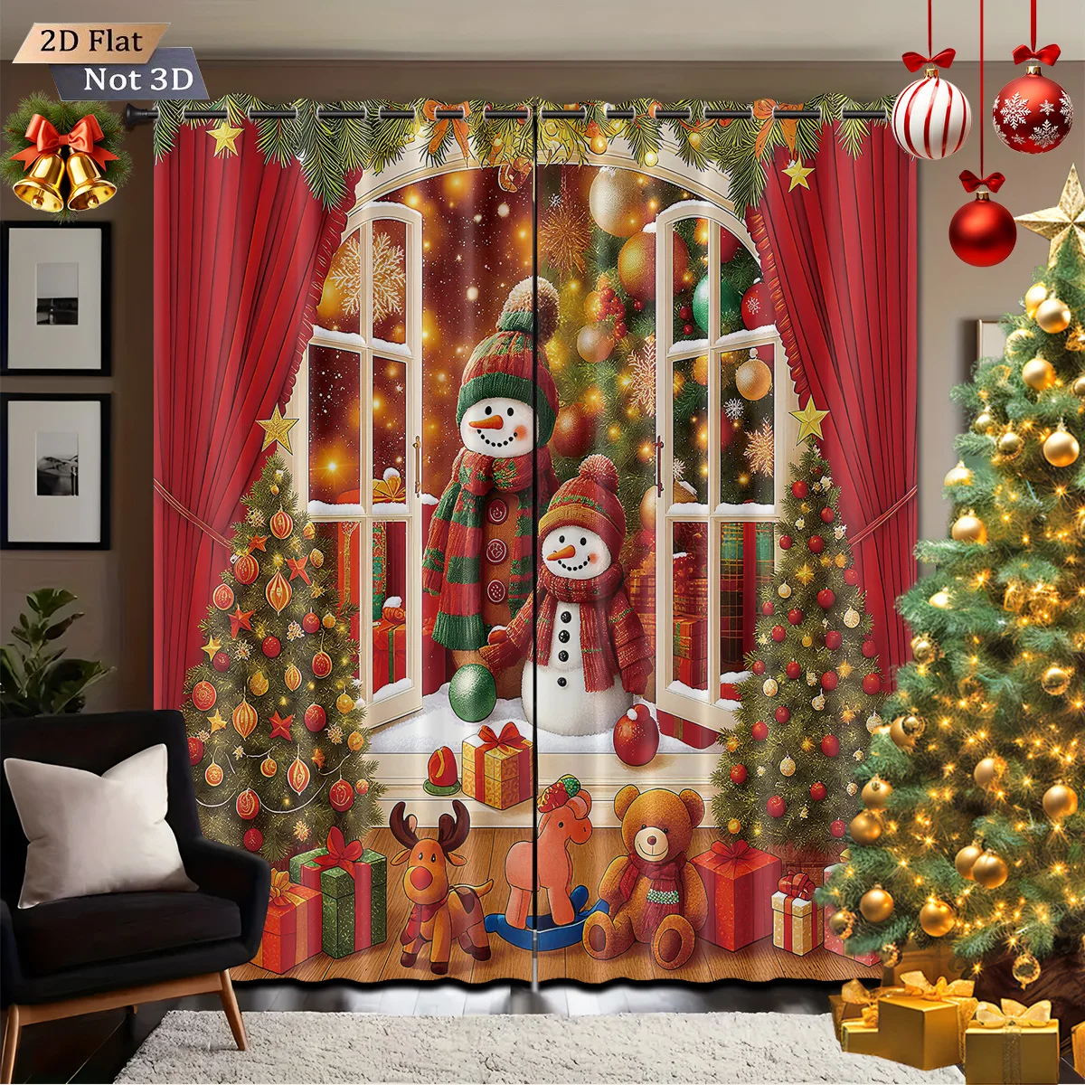 2 Stück Verdunkelungsvorhänge mit Weihnachtsbaum-Schneemann-Aufdruck, mehrere Größen, Wohnzimmer, Schlafzimmer, Isolierung, Dekoration, maschinenwaschbar