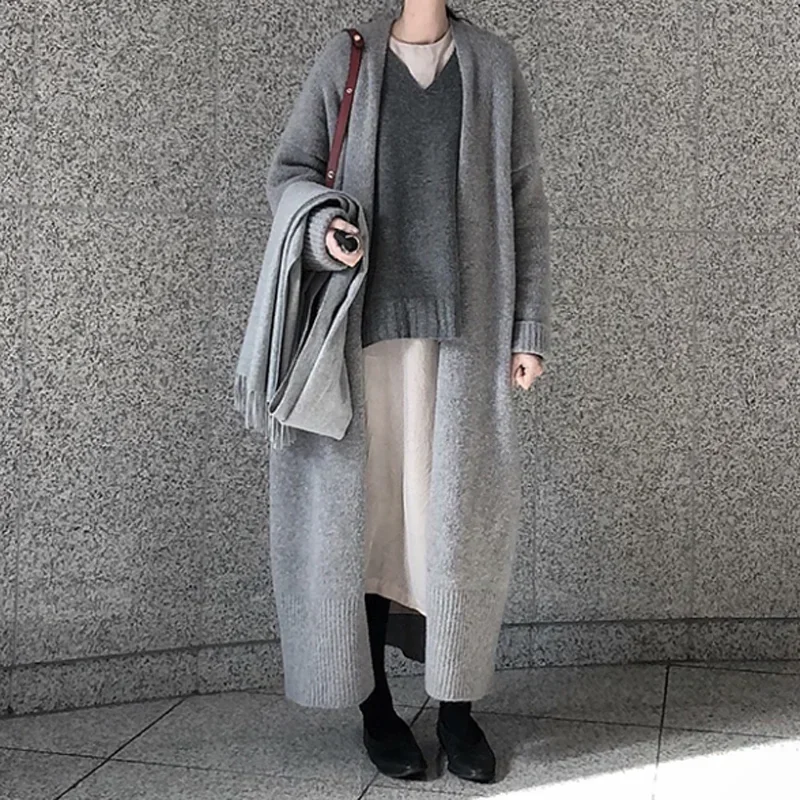 New Long Cardigan Women Elegant Ladies Grey Black Loose Ribbed Knitted Oversize Sweaters Fashion Coat 2023 Autumn Winter