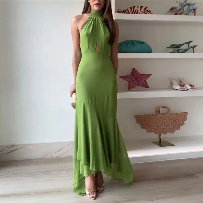 Spring Turtleneck Lace Up Evening Dress Woman Elegant Solid Slim Ruffle Irregular Dress Summer Backless Hollow Boho Long Dresses