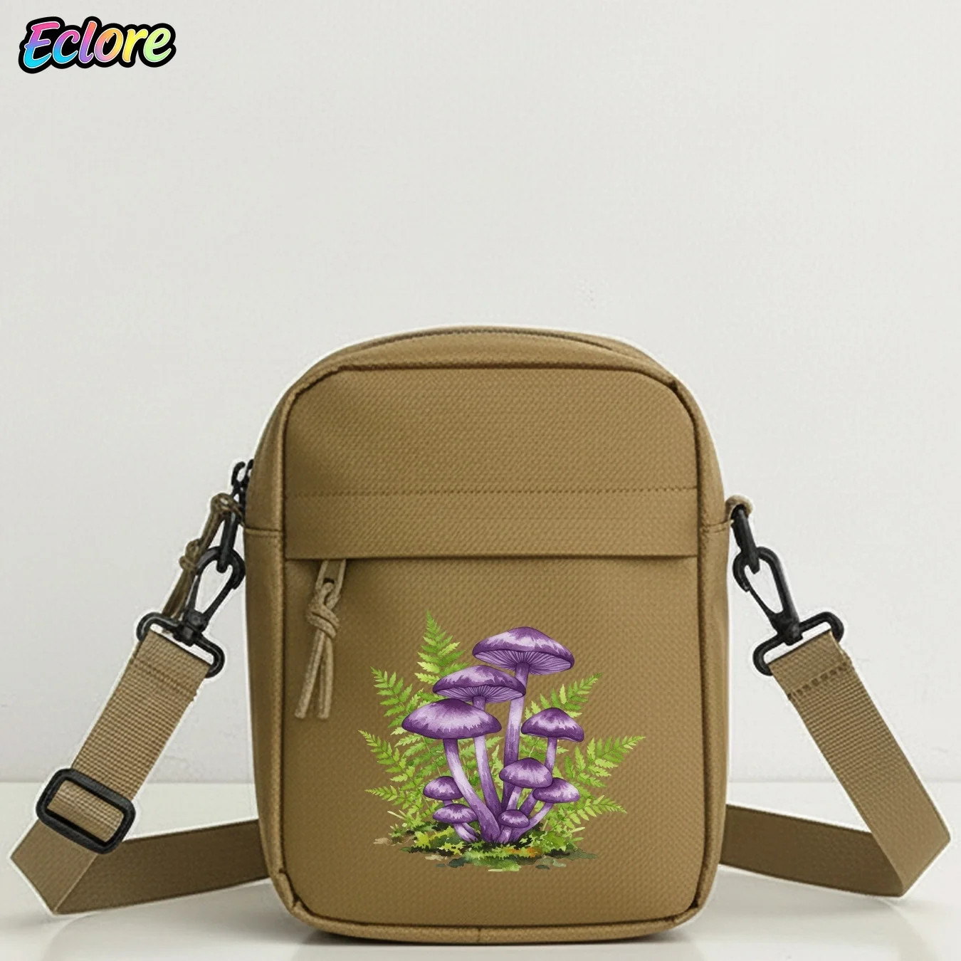 Fashion Mini Shoulder Bag with Purple Mushroom Watercolor Print Adjustable Strap Zip Closure for Cycling Work Party Dating