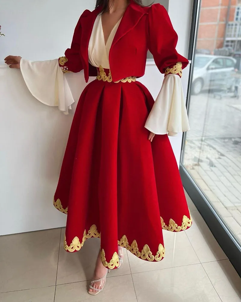 SoDigne Caftan Evening Dress 2023 With Jacket Appliques Gold Lace Bat Sleeve A Line Velvet Formal Prom Celebrity Gown Customized