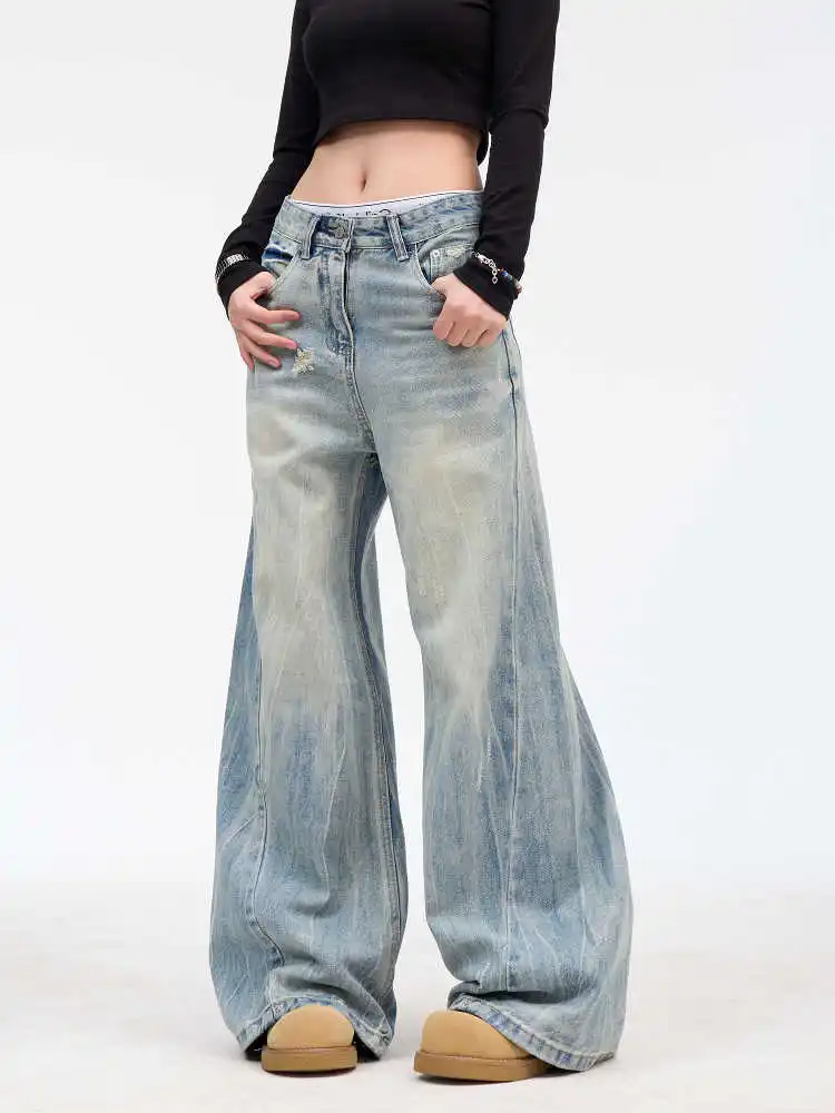 

2025 NEW Women's Splicing Blue Jeans High Street Straight Leg Fashion Y2K Style American Spring Oversized Women's Loose Jeans