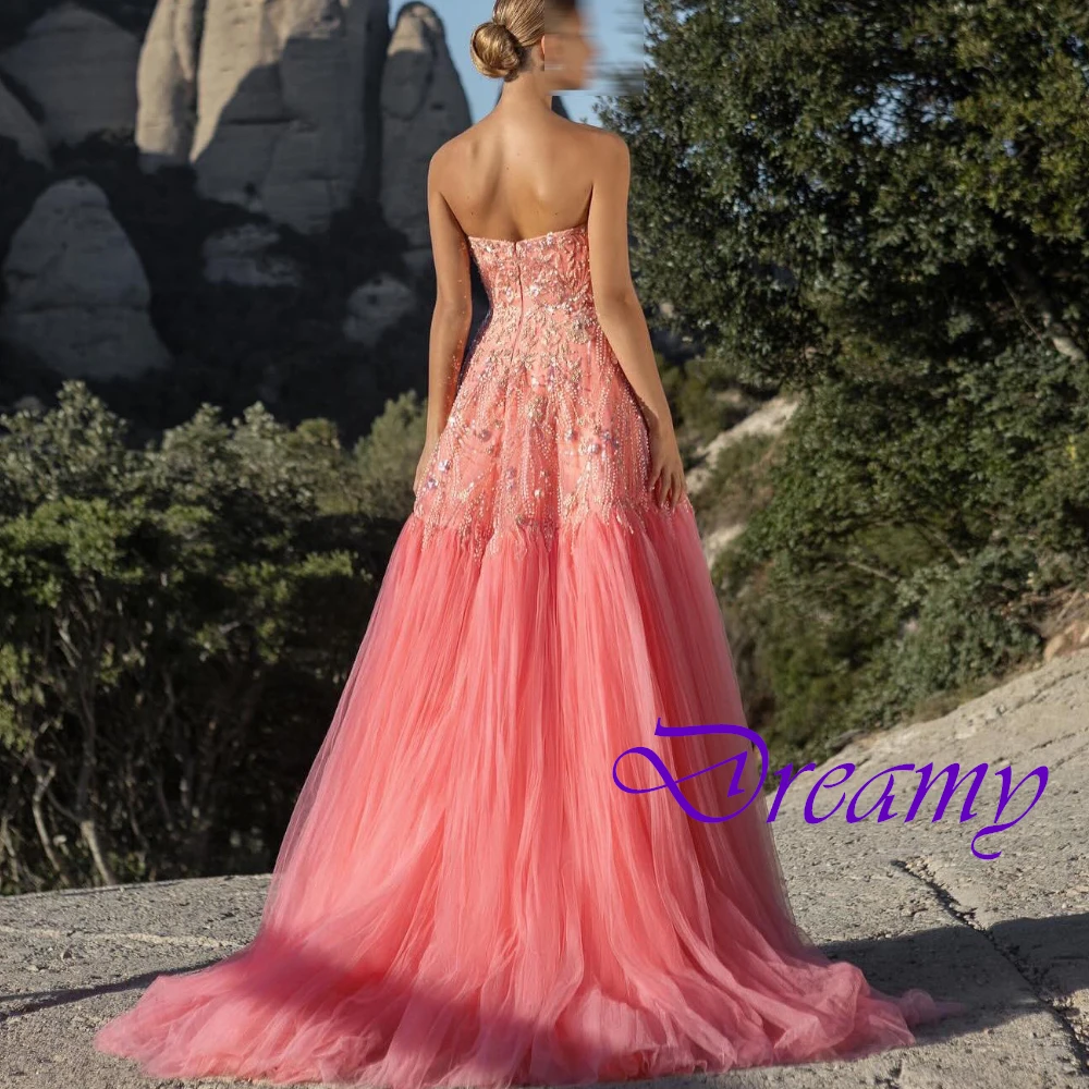 

Customized Graceful Strapless Evening Dress Delicate Tulle Sleeveless Celebrity Gowns Temperament Chapel Train Party Dress