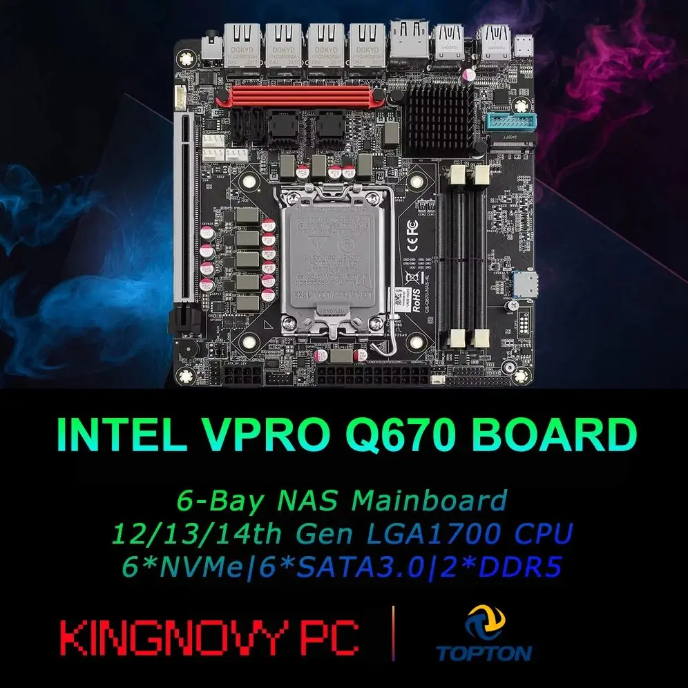 

Q670 8-Bay NAS Mini ITX Motherboard(LGA1700, 12th/13th/14th Gen. Desktop Processor), 2*U-DIMM DDR5 MAX 64G, 3*M.2 NVMe, 8*SATA