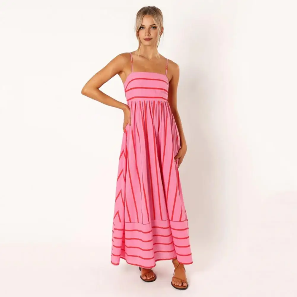 

Women Striped Dress Striped Print Maxi Dress with Backless Design A-line Silhouette for Summer Vacation Beach Outfits Hem