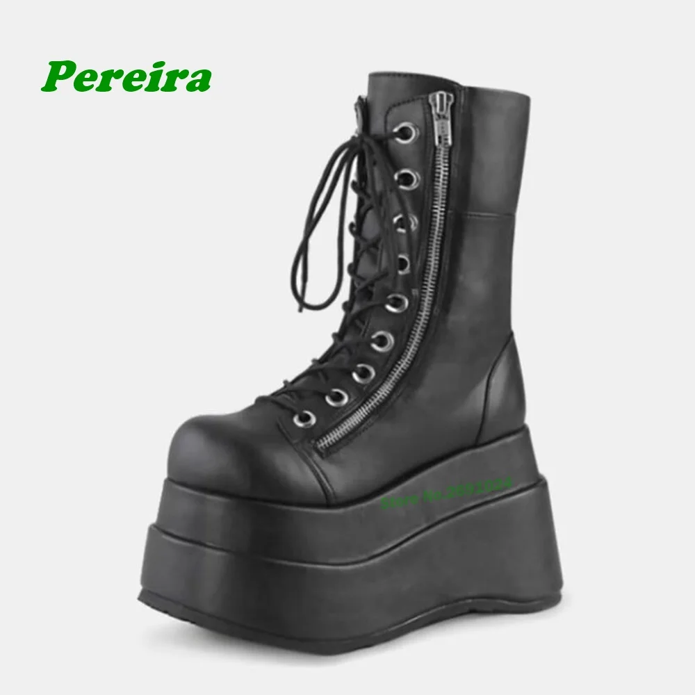 Retro Knight Boots Casual Thick Soled Gothic Rivet Tied Zippered Mid-Calf Boots Platform Height Increasing Women's Shoes Black