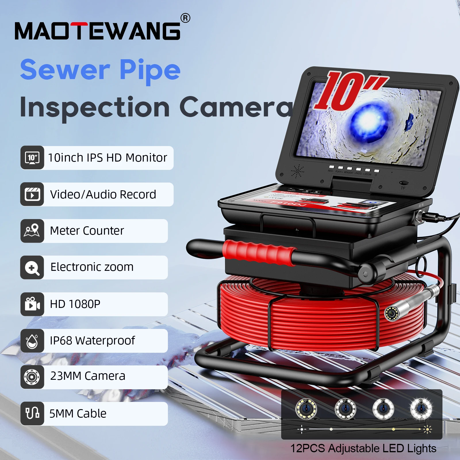 10 Inch IPS Screen 50m Meter Counter DVR 3.6mm Probe AHD 1080P 5x Image Zoom Night Vision Sewer Drain Inspection Camera