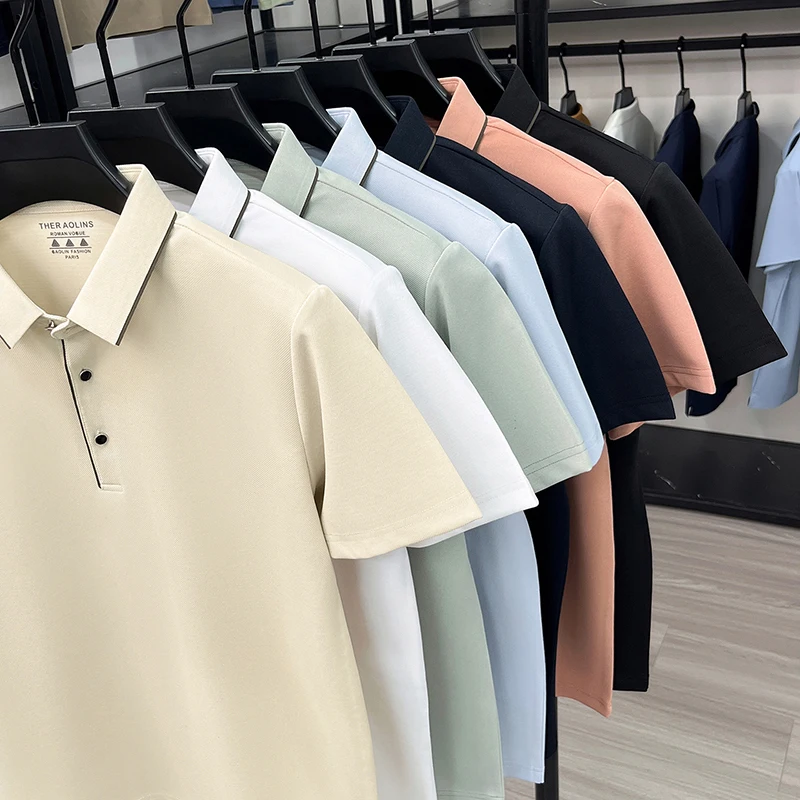 2026 Summer Luxury Top Men T-Shirt Plus Size Short Sleeve Turn Down Collar Contrast Trim Collar Formal T Shirt for Mens Clothing