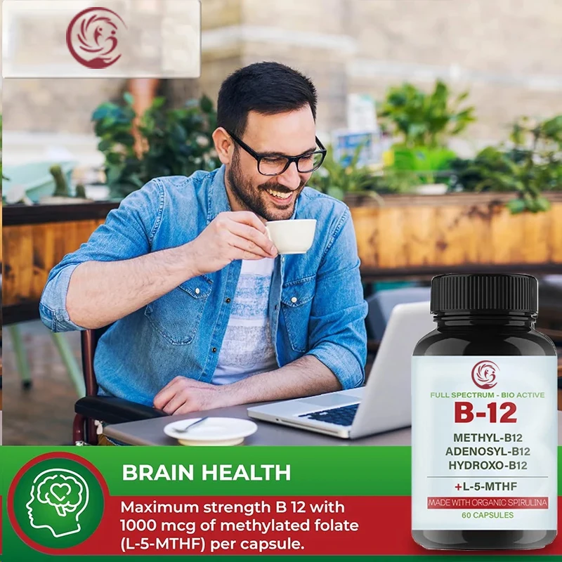 1000 mcg vitamin B12 complex containing methylcobalamine, adenosine cobalamine, and hydroxyB12 made from organic spirulina