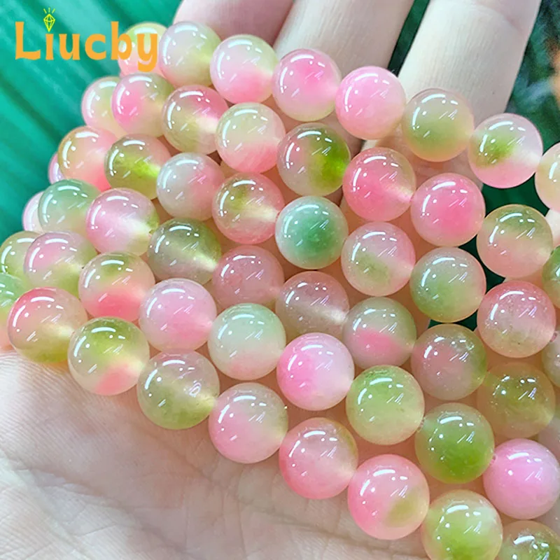Peach Jade Marrow Chalcedony Natural stone pink green beads for Jewelry Making DIY Bracelets Accessories 15\